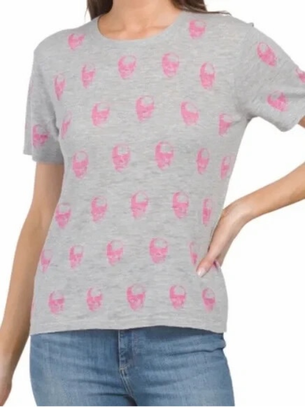Skull Cashmere Gray Short Sleeve Tee with Pink Skull Print